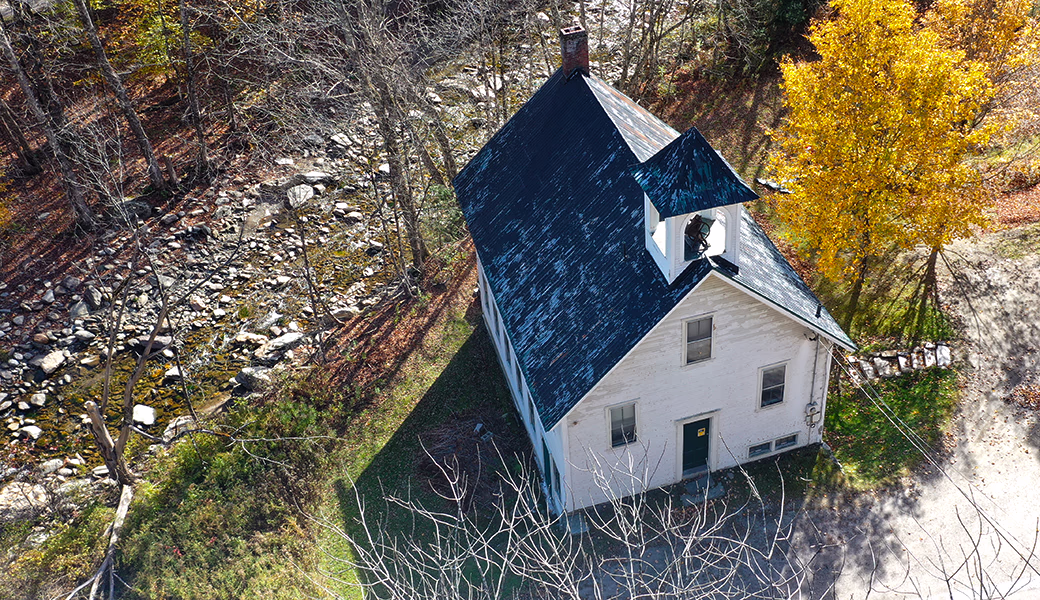 The Number Nine Schoolhouse at 831 Mill Brook Road in Fayston, Vermont, under restoration by Friends of the Number Nine Schoolhouse
